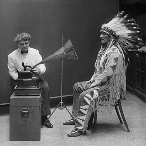 Frances Densmore recording Blackfoot chief Mountain Chief on a cylinder phonograph 1916